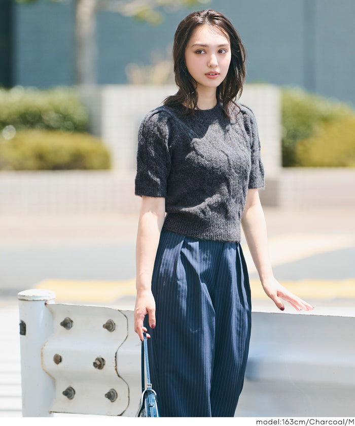 羊絨風麻花短袖針織上衣