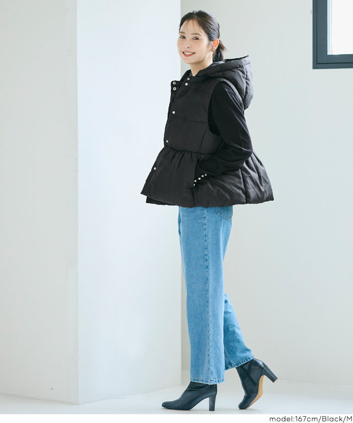 可水洗 連帽荷葉中棉背心