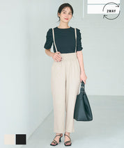 腰部抽皺吊帶褲