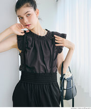 腰部抽皺吊帶褲