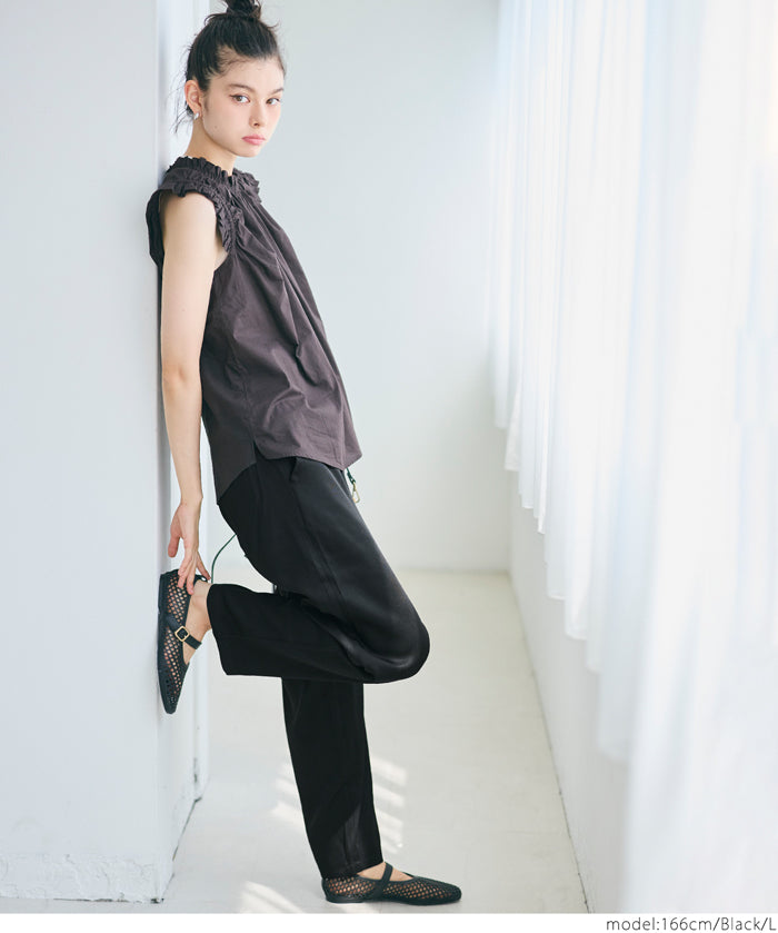 腰部抽皺吊帶褲