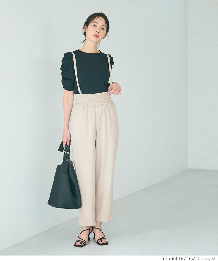 腰部抽皺吊帶褲