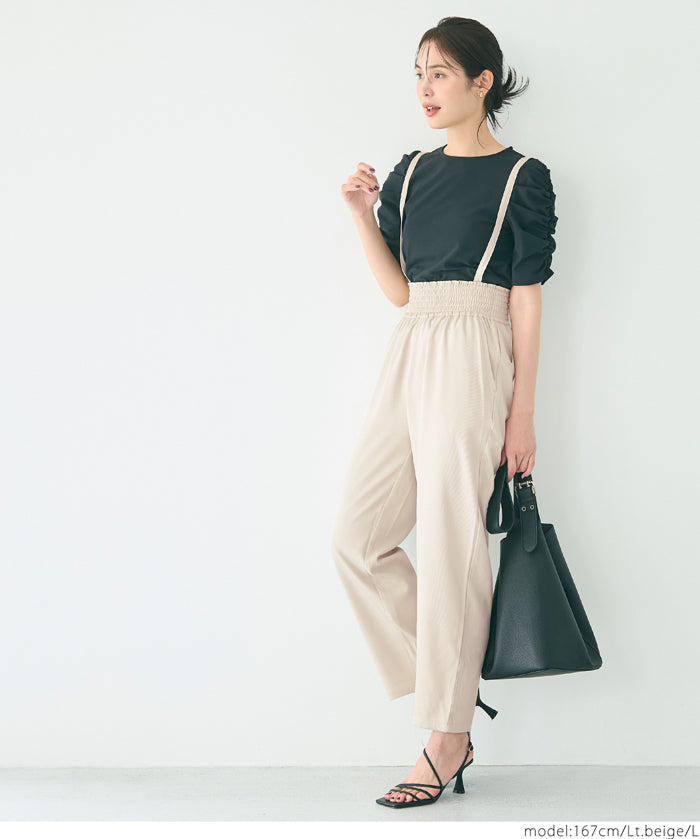 腰部抽皺吊帶褲