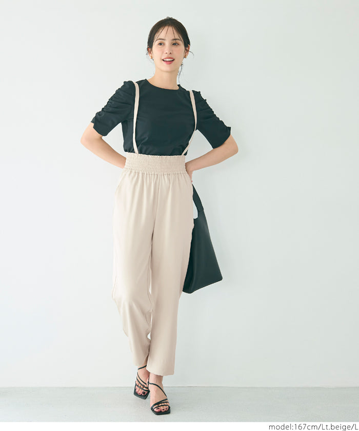 腰部抽皺吊帶褲