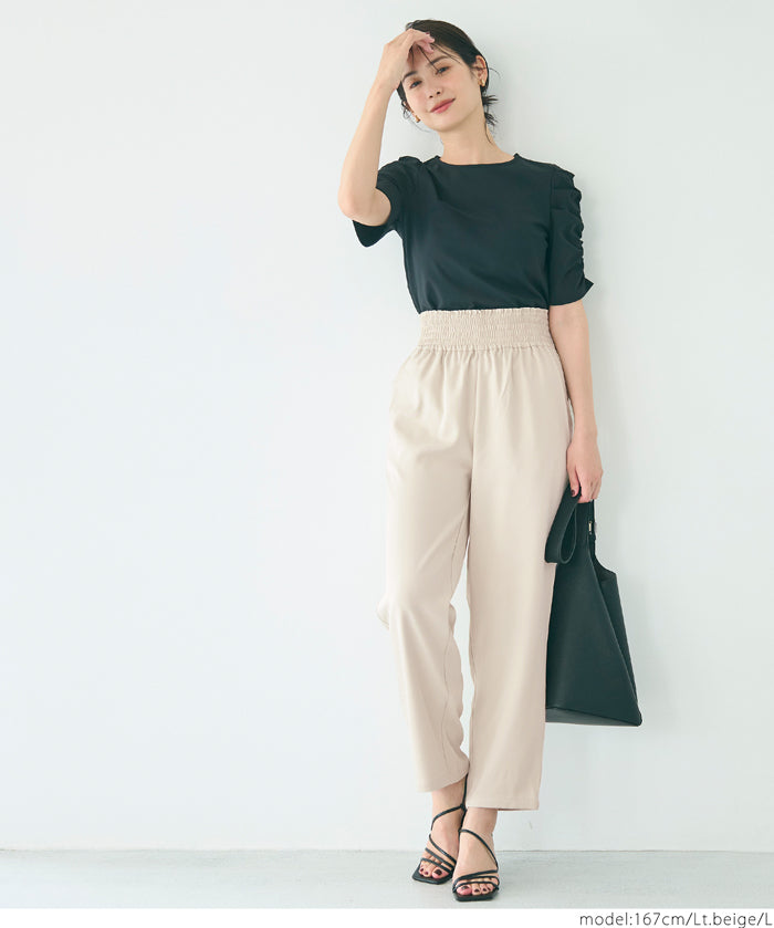 腰部抽皺吊帶褲