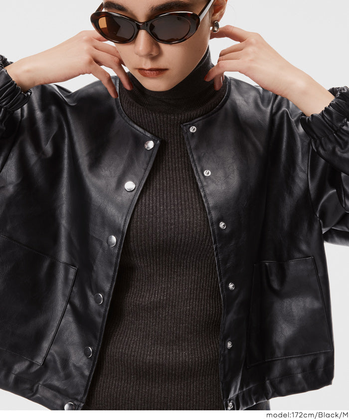 仿皮無領外套