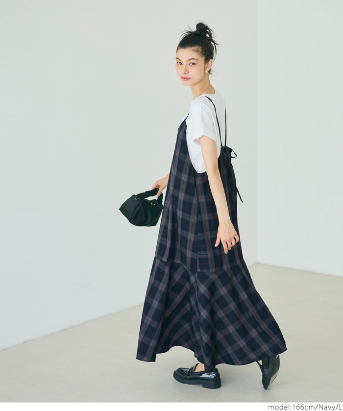 格紋吊帶連身裙