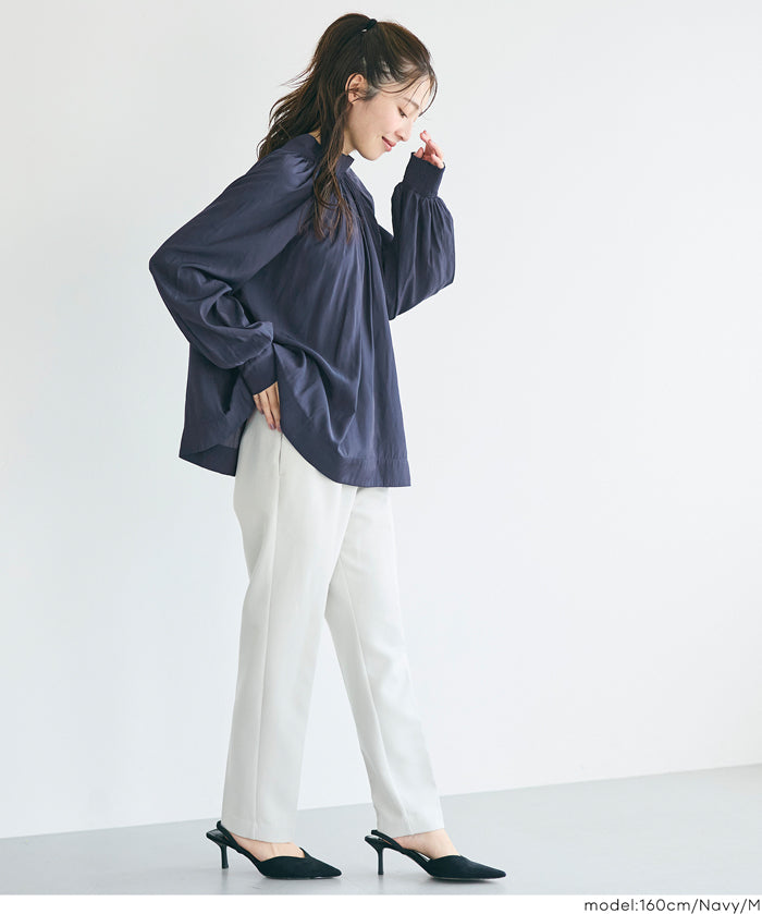 立領後綁帶緞面襯衫