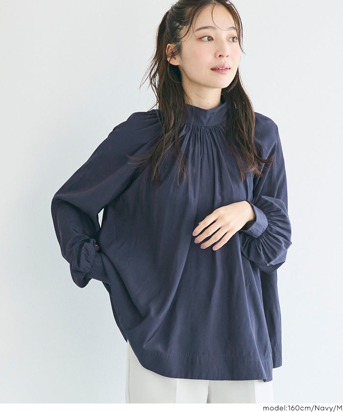 立領後綁帶緞面襯衫