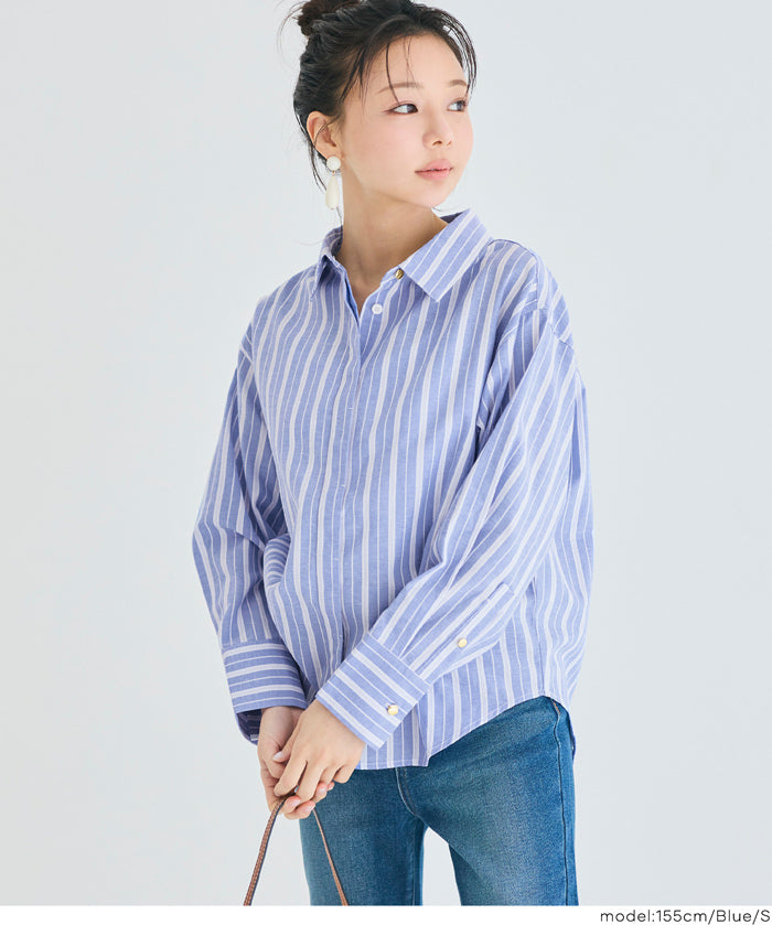 金釦條紋寬版襯衫
