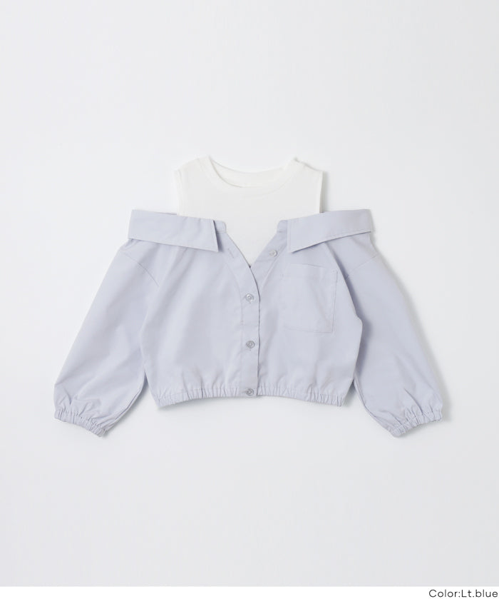 童裝 假兩件露肩長袖襯衫