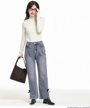 絲絨蝴蝶結裝飾牛仔褲