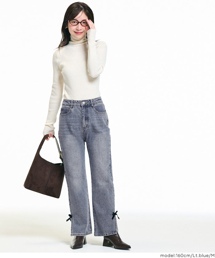 絲絨蝴蝶結裝飾牛仔褲