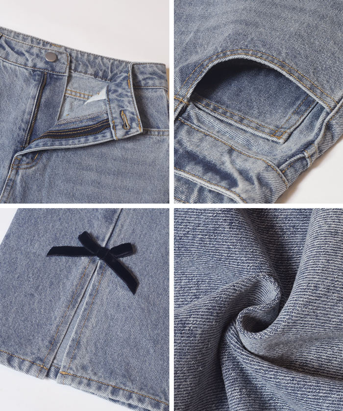 絲絨蝴蝶結裝飾牛仔褲