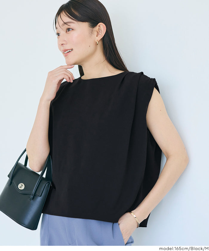 垂墜感斜紋肩部打褶上衣