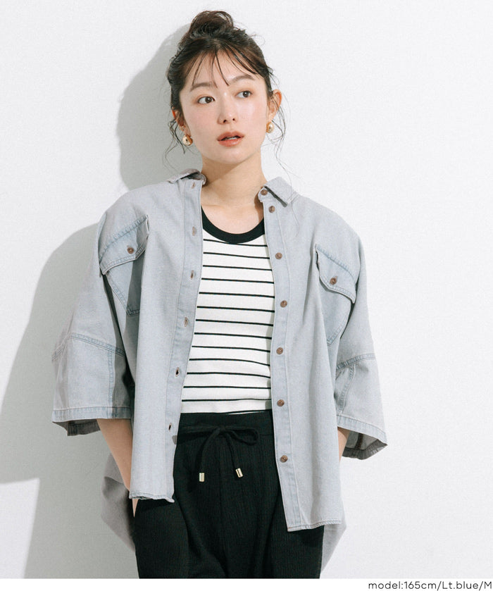 牛仔寬版短袖襯衫