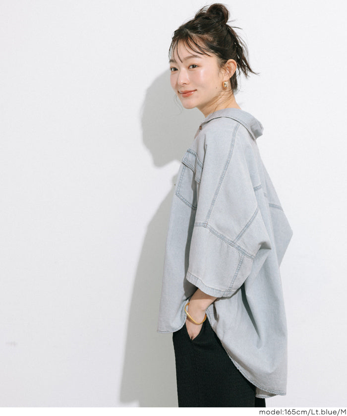 牛仔寬版短袖襯衫