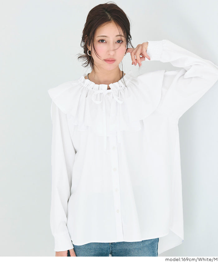 荷葉造型領蝴蝶結襯衫