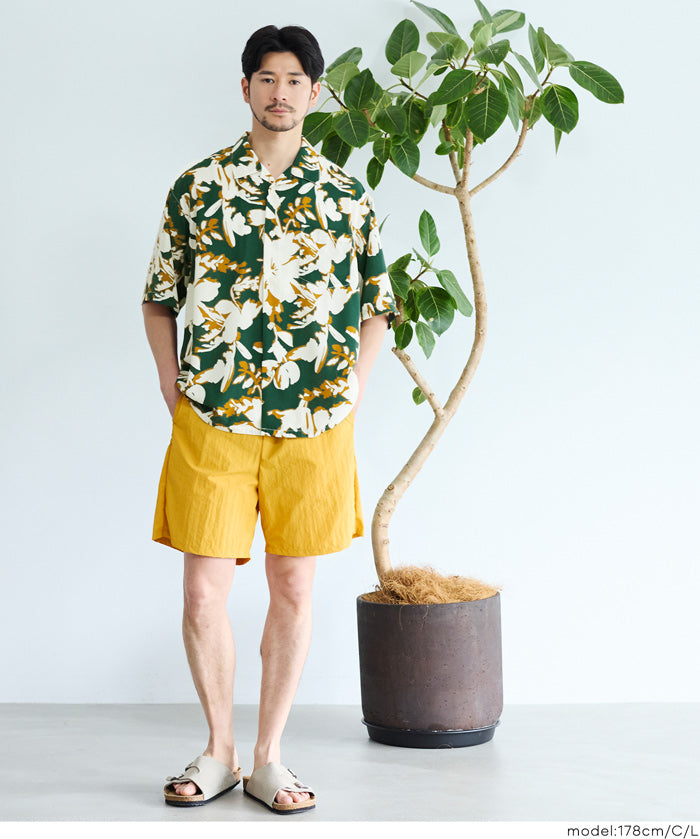植物葉片印花開襟短袖襯衫