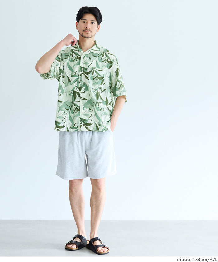 植物葉片印花開襟短袖襯衫