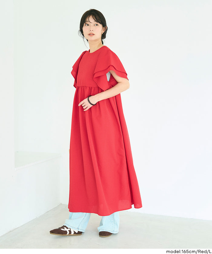泡泡紗喇叭袖連身裙