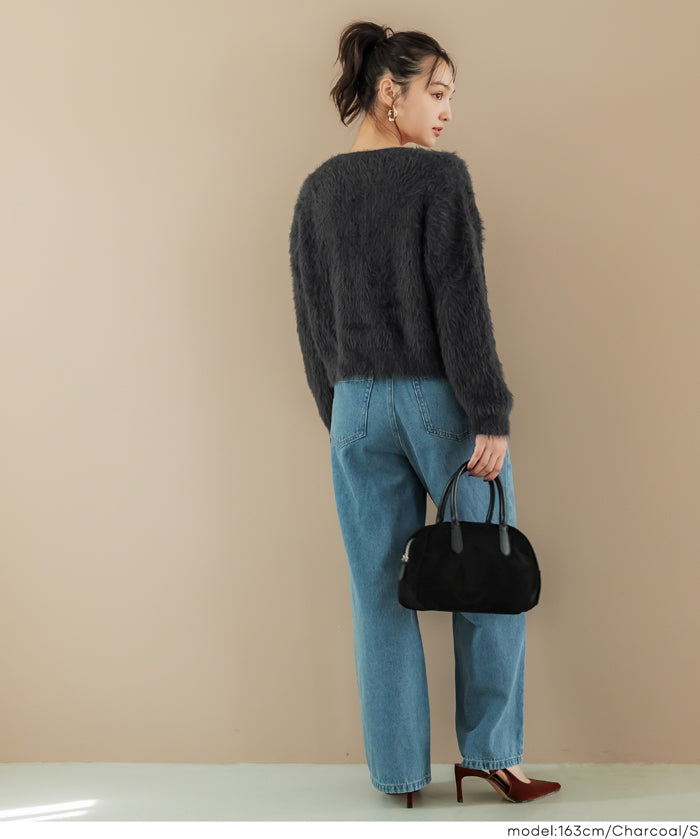 毛毛V領短版針織開衫