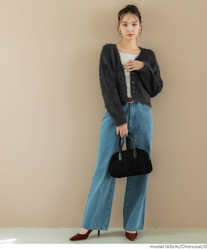 毛毛V領短版針織開衫