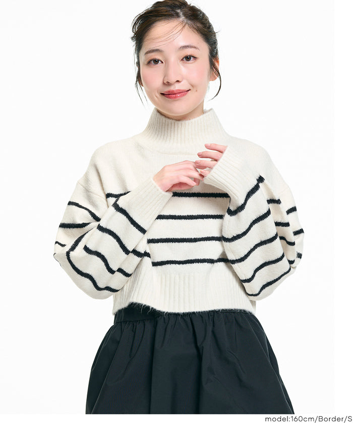 立領氣球袖短版針織上衣