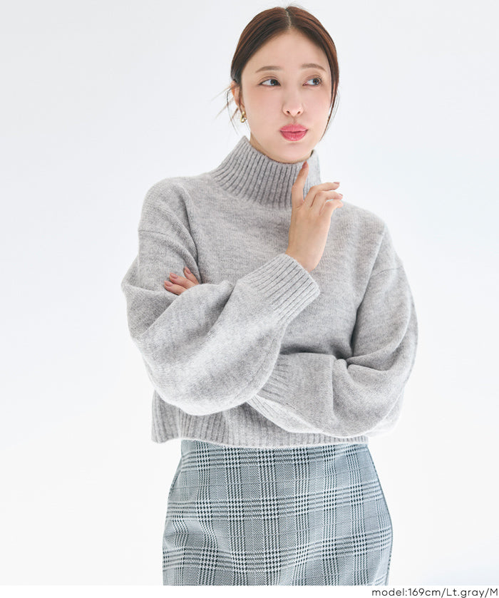 立領氣球袖短版針織上衣