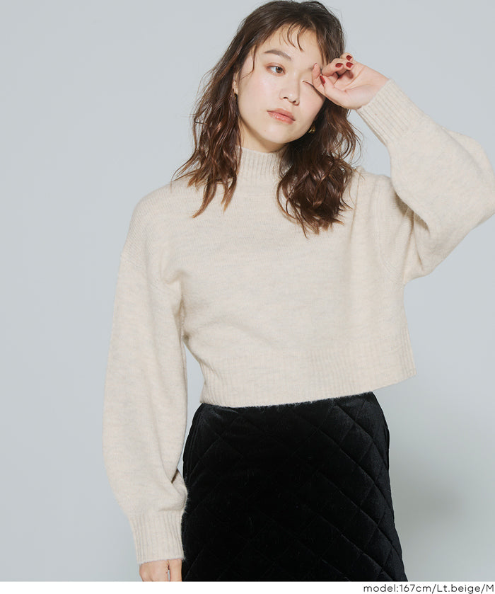 立領氣球袖短版針織上衣