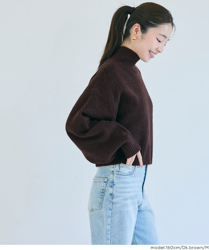 立領氣球袖短版針織上衣