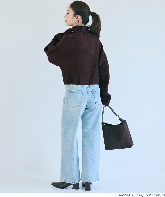 立領氣球袖短版針織上衣