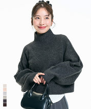 立領氣球袖短版針織上衣