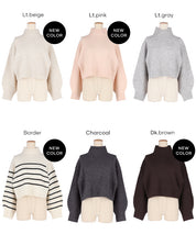 立領氣球袖短版針織上衣