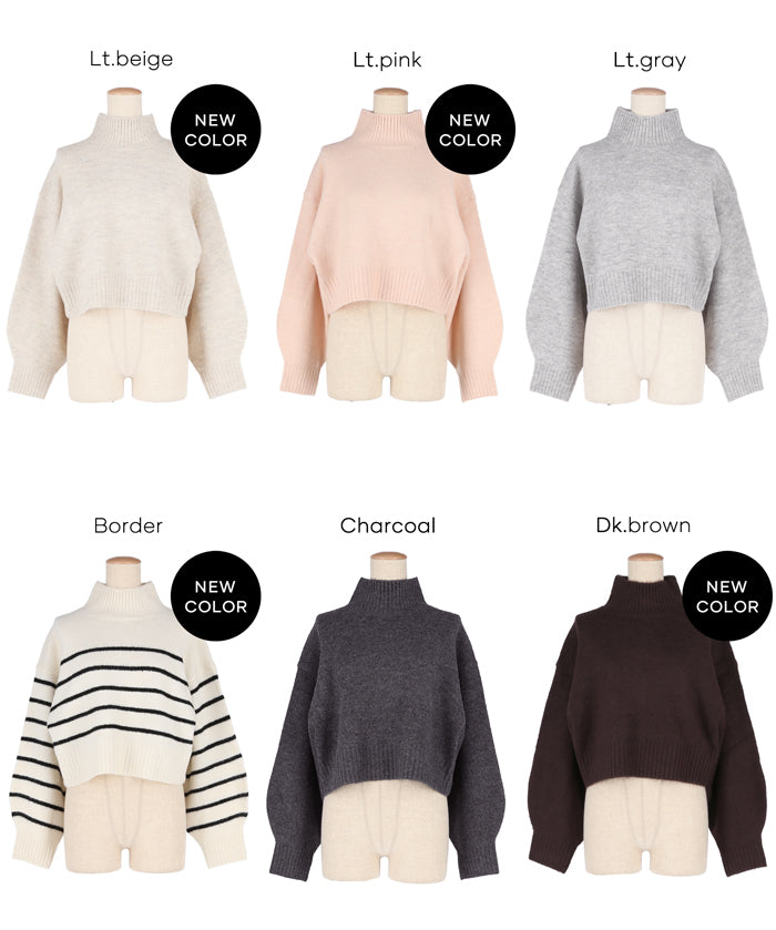 立領氣球袖短版針織上衣