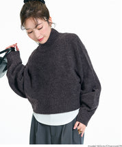 立領氣球袖短版針織上衣