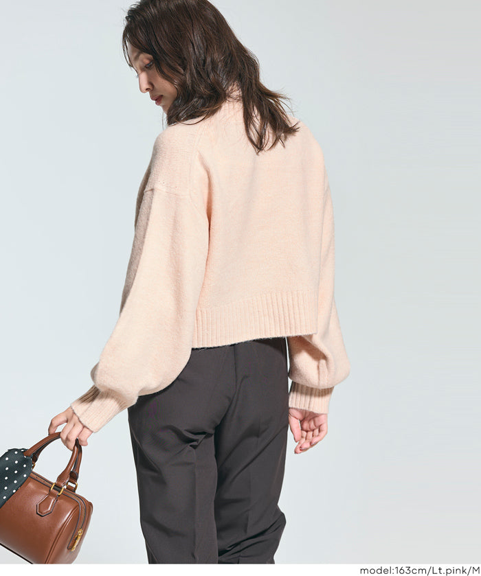 立領氣球袖短版針織上衣