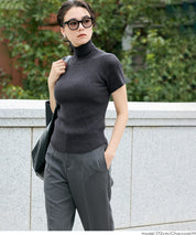 高領短袖合身針織上衣