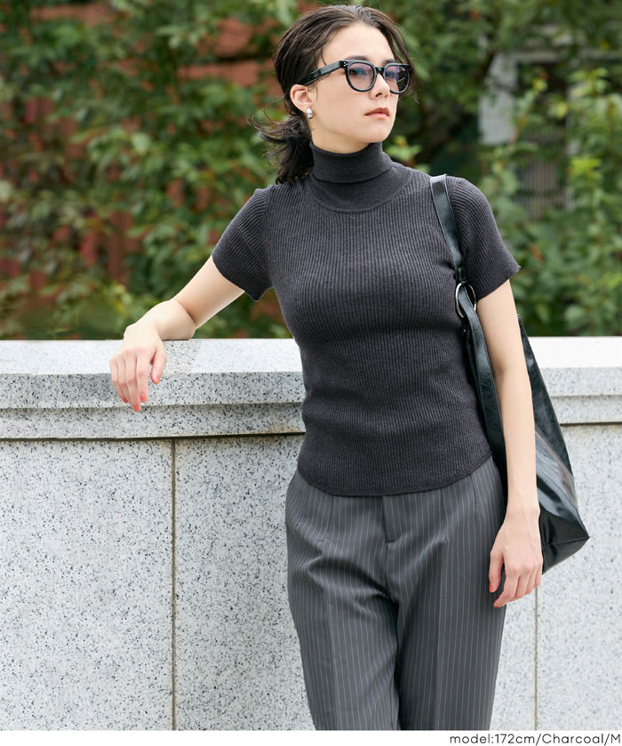 高領短袖合身針織上衣