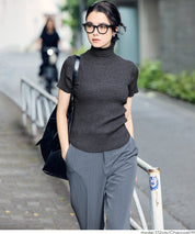 高領短袖合身針織上衣