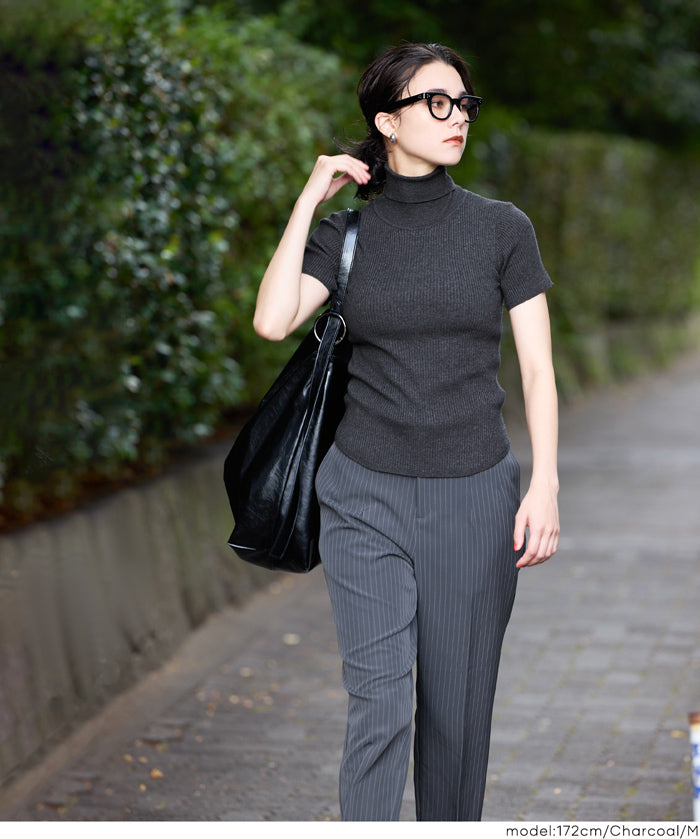 高領短袖合身針織上衣