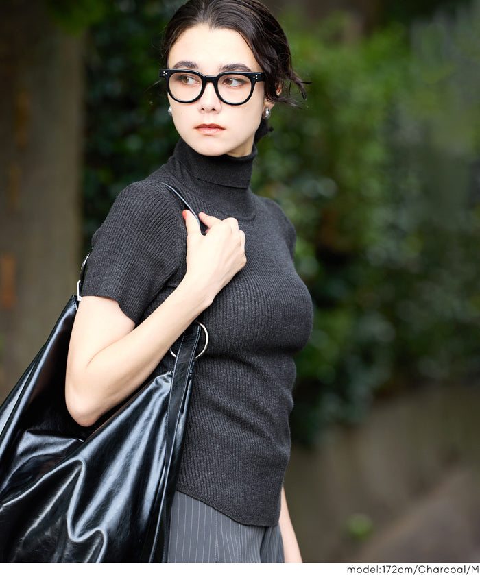 高領短袖合身針織上衣