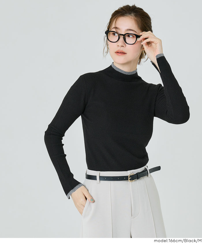 安哥拉觸感撞色高領針織上衣