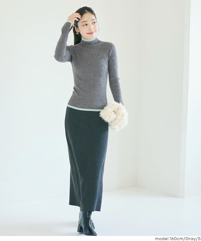 安哥拉觸感撞色高領針織上衣