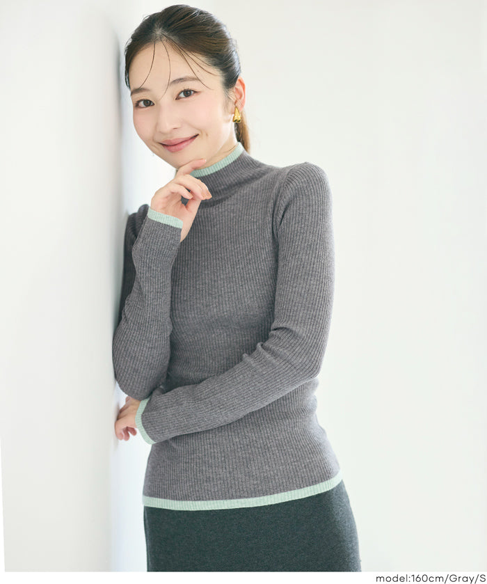 安哥拉觸感撞色高領針織上衣