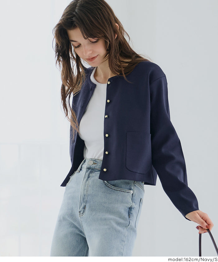 金扣圓領針織開襟衫