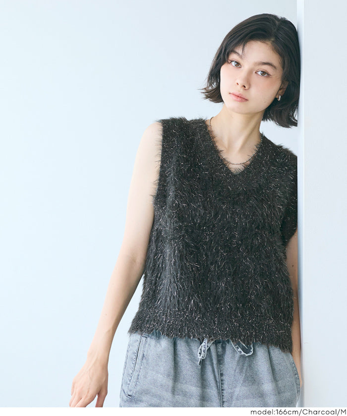 亮片蓬鬆長毛V領針織背心