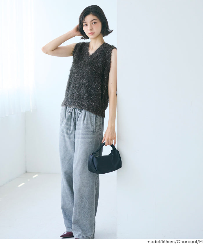 亮片蓬鬆長毛V領針織背心