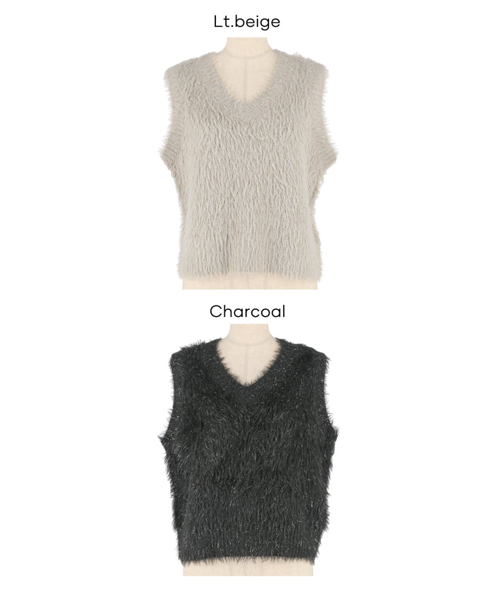 亮片蓬鬆長毛V領針織背心