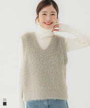 亮片蓬鬆長毛V領針織背心